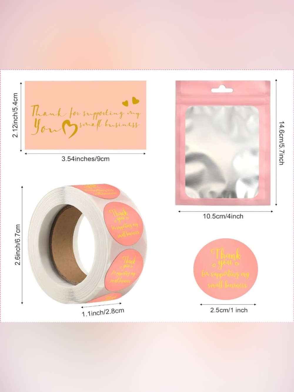 570 Thank you Stickers + Cards + Gift Bags Mail Package Set Pink & Gold